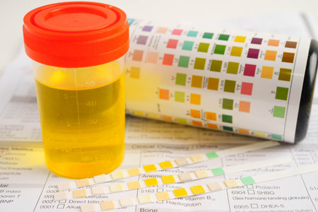 Urinalysis, urine cup for check health examination in laboratory.の写真素材