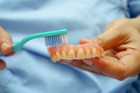 Asian senior woman patient clean teeth denture with toothbrush for chew food.の写真素材