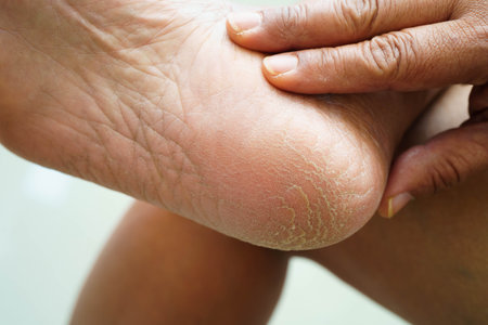 Asian woman check feet with crack and dry heel skin.