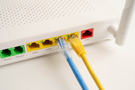 Ethernet cable with wireless router connect to internet service provider network.