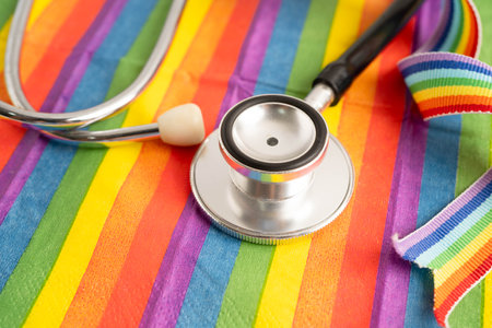 Stethoscope on LGBT rainbow flag, rights and gender equality.の写真素材