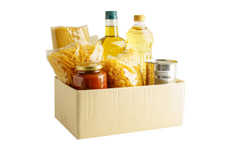 Foodstuffs in donation box for volunteer to help people.