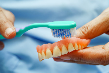 Asian senior woman patient clean teeth denture with toothbrush for chew food.の写真素材