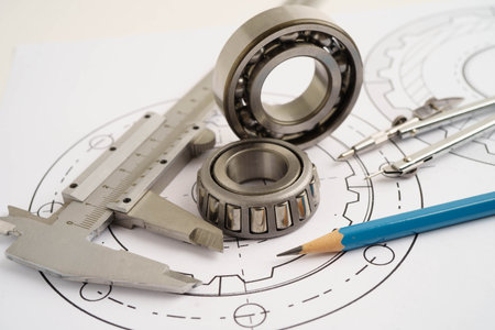 Engineering and precision tools with metal ball bering, mechanical industrial.
