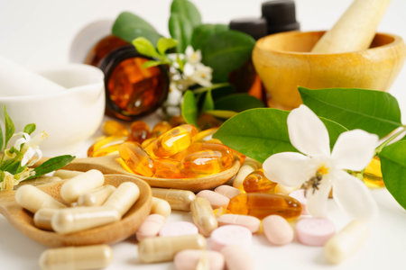 Alternative medicine herbal organic capsule with vitamin E omega 3 fish oil, mineral, drug with herbs leaf natural supplements for healthy good life.の写真素材