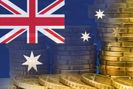 Australia flag on stock investment trading with coin and graph.の写真素材