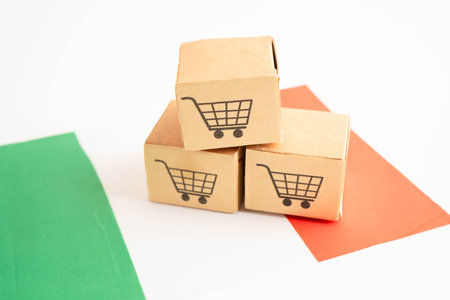 Online shopping, Shopping cart box on Italy flag, import export, finance commerce.の写真素材