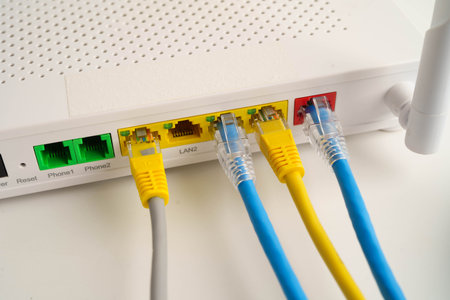 Ethernet cable with wireless router connect to internet service provider network.