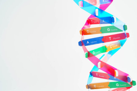 DNA molecule spiral structure model isolated on white background, chromosome and gene chemical science biology.の写真素材