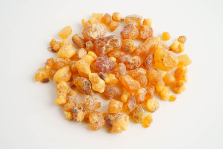 Frankincense or olibanum aromatic resin isolated on white background used in incense and perfumes.の写真素材