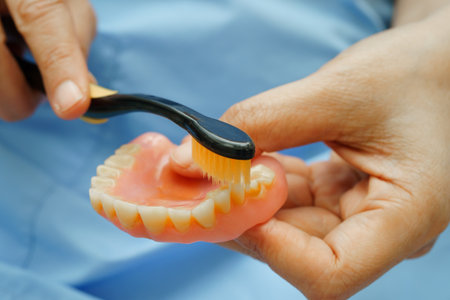 Clean teeth denture with toothbrush for chew food.