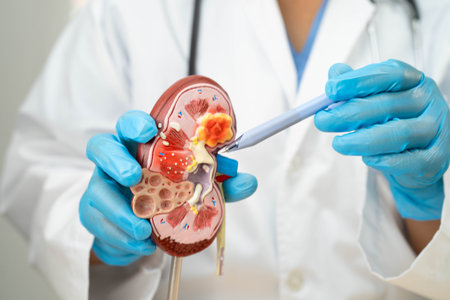 Chronic kidney disease, doctor with model for treatment urinary system, urology, Estimated glomerular filtration rate eGFR.の写真素材