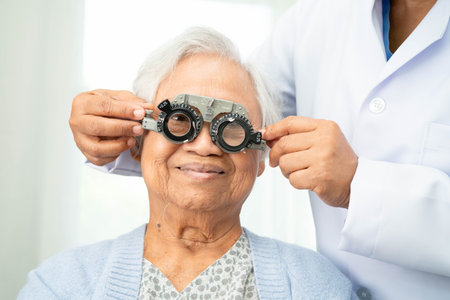 Optometrist checking Asian elderly woman ophthalmic vision eye test and using optical trial frame.