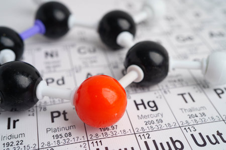 Molecules chemical on a periodic table background.の写真素材