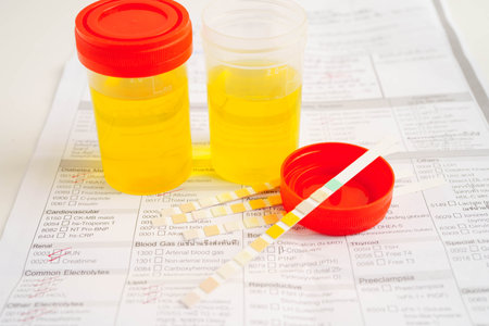 Urinalysis, urine cup for check health examination in laboratory.の写真素材