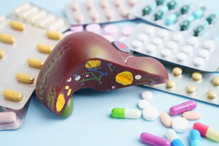 Liver model with pill drug treatment, Cirrhosis, Liver cancer, fatty liver.の写真素材