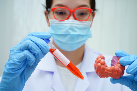 Doctor holding thyroid gland model and blood sample test tube in laboratory.