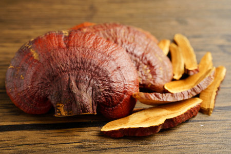 Lingzhi or Reishi mushroom with capsules, organic natural healthy food.
