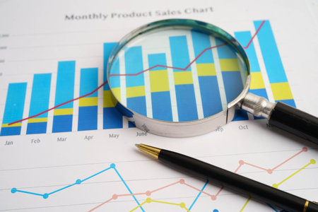 Magnifying glass on charts graphs paper. Financial development, Banking Account, Statistics,...