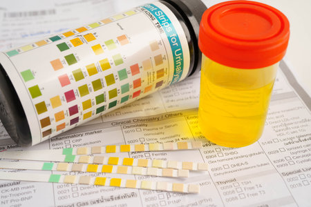 Urinalysis, urine cup with reagent strip pH paper test and comparison chart in laboratory.の写真素材