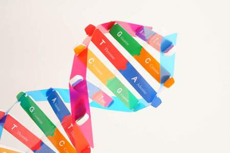 DNA molecule spiral structure model isolated on white background, chromosome and gene chemical...