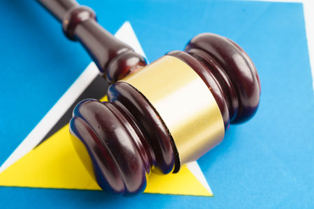 Saint Lucia law, Legal, justice and agreement, wooden court gavel on flag.の写真素材