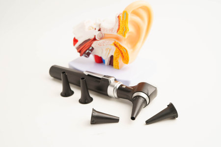 Otoscope for audiologist or ENT doctor use otoscope checking ear and treate hearing loss problem.の写真素材
