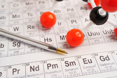 Molecules chemical on a periodic table background.の写真素材