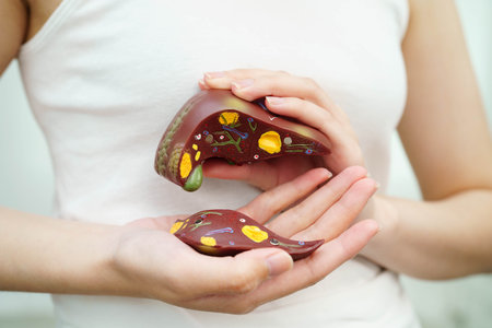 Cirrhosis, Liver cancer, fatty liver, Asian woman with liver human anatomy model.