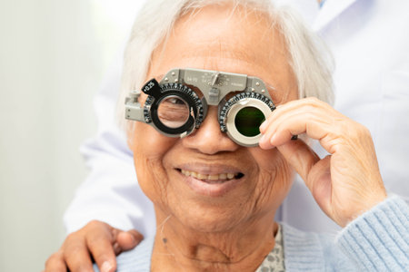 Optometrist checking Asian elderly woman ophthalmic vision eye test and using optical trial frame.の写真素材