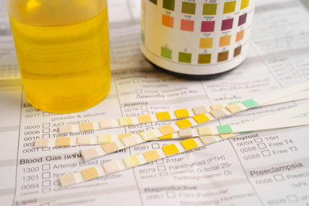 Urinalysis, urine cup with reagent strip pH paper test and comparison chart in laboratory.の写真素材