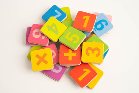 Number wood block cubes for learning Mathematic, education math concept.の写真素材