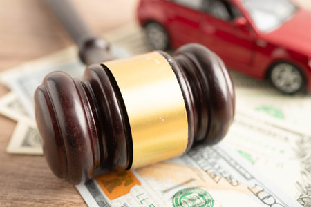 Bangkok, Thailand March 15, 2024 Car accident lawsuit and insurance, Judge hammer and money with car...