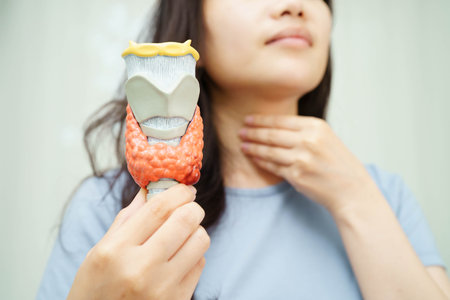 Hyperthyroidism, Overactive Thyroid, Thyroid Lymphoma, Asian woman with thyroid gland human anatomy model.の写真素材