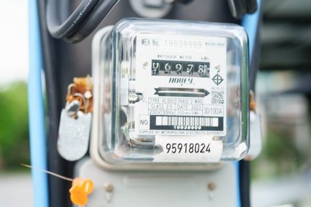 Bangkok, Thailand April 7, 2025 Electric measuring power meter for energy cost at home and office.