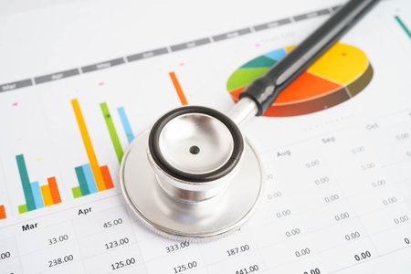 Stethoscope and US dollar banknotes on chart or graph paper, Financial, account, statistics and...