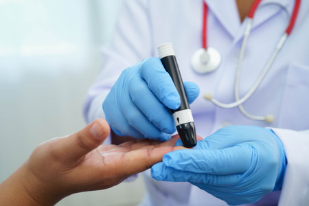 Doctor check diabetes from finger blood sugar level with finger lancet.