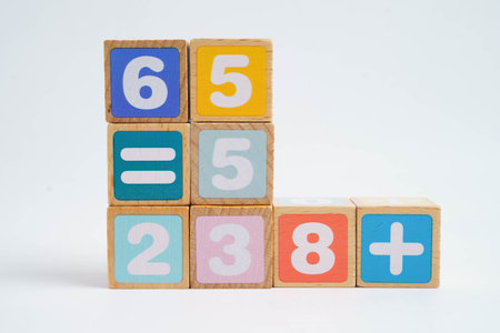 Number wood block cubes for learning Mathematic, education math concept.