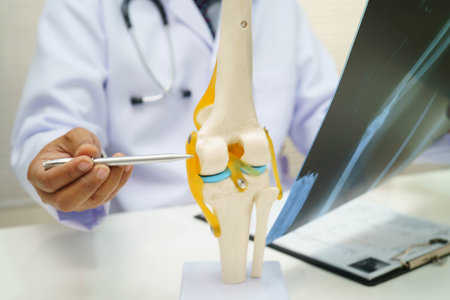 Doctor examining knee joint bone radiography xray film.