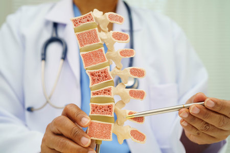 Doctor holding osteoporosis in back bone model for treatment in orthopedic department.
