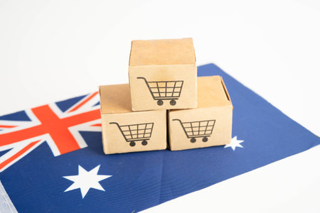 Online shopping, Shopping cart box on flag, import export, finance commerce.