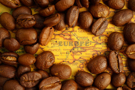 Bangkok, Thailand March 12, 2023 Coffee bean on world map, shopping online for export or import.のeditorial素材