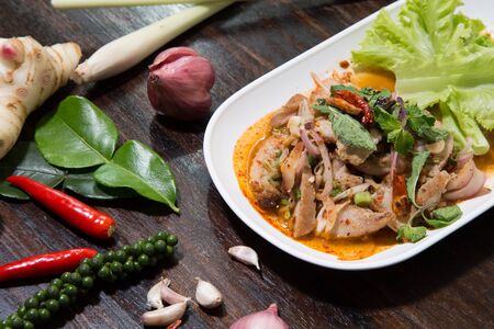 Sliced grilled pork salad spicy Thai styleの写真素材