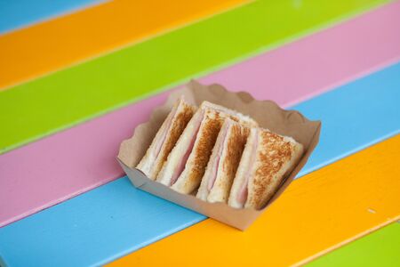 Triangular toast sandwiches Ham cheese on toast diagonally cutの写真素材