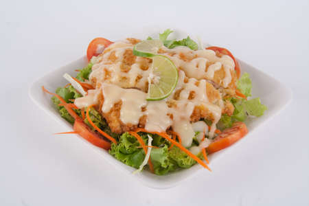 Fried Chicken Salad and Salad Dressing.の写真素材