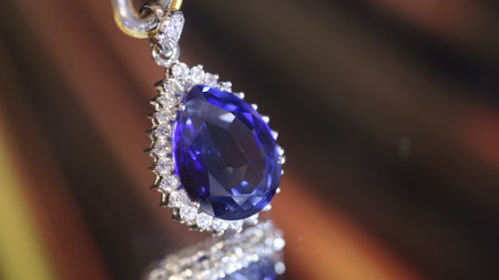 White gold pendant with rose violet amethyst and diamonds on soft blurred background.