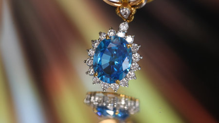 Beautiful necklace with blue sapphires on a golden light background.
