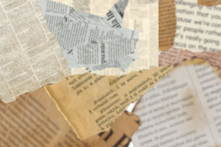 Lots of old newspapers on horizontal surface. Background texture, top view, blurredの写真素材