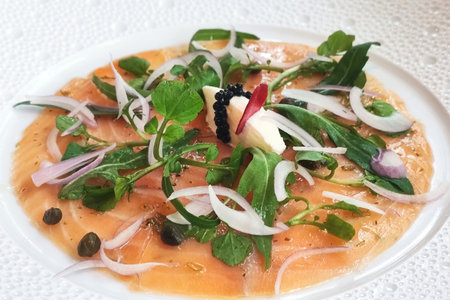 Salmon carpaccio in white plateの写真素材