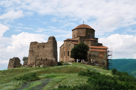 6th century orthodox Jvari Monastery standing on mountian in Mtskheta, Georgiaの写真素材